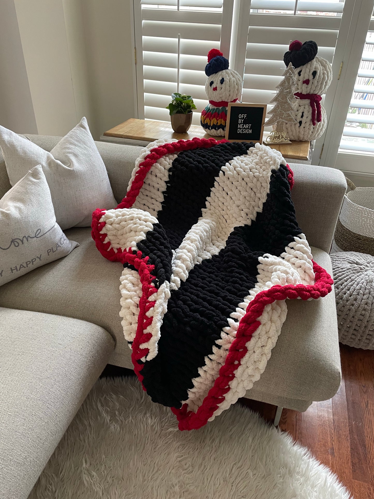 Healing Hand, Chunky Knit Blankets Black & White Stripe with Red Edge