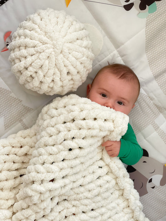 Healing Hand, Chunky Knit Baby Blankets - White Blanket with White Pillow & Greeting Card Set
