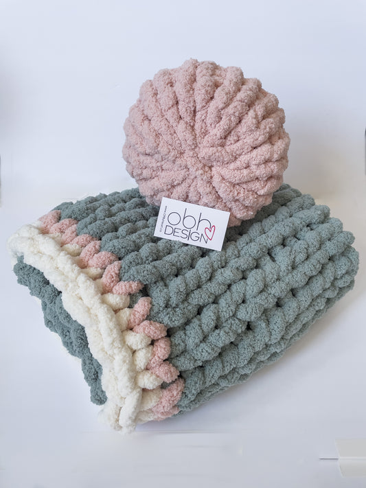 Healing Hand, Chunky Knit Baby Blankets - Mint Green with Soft Pink Pillow Set