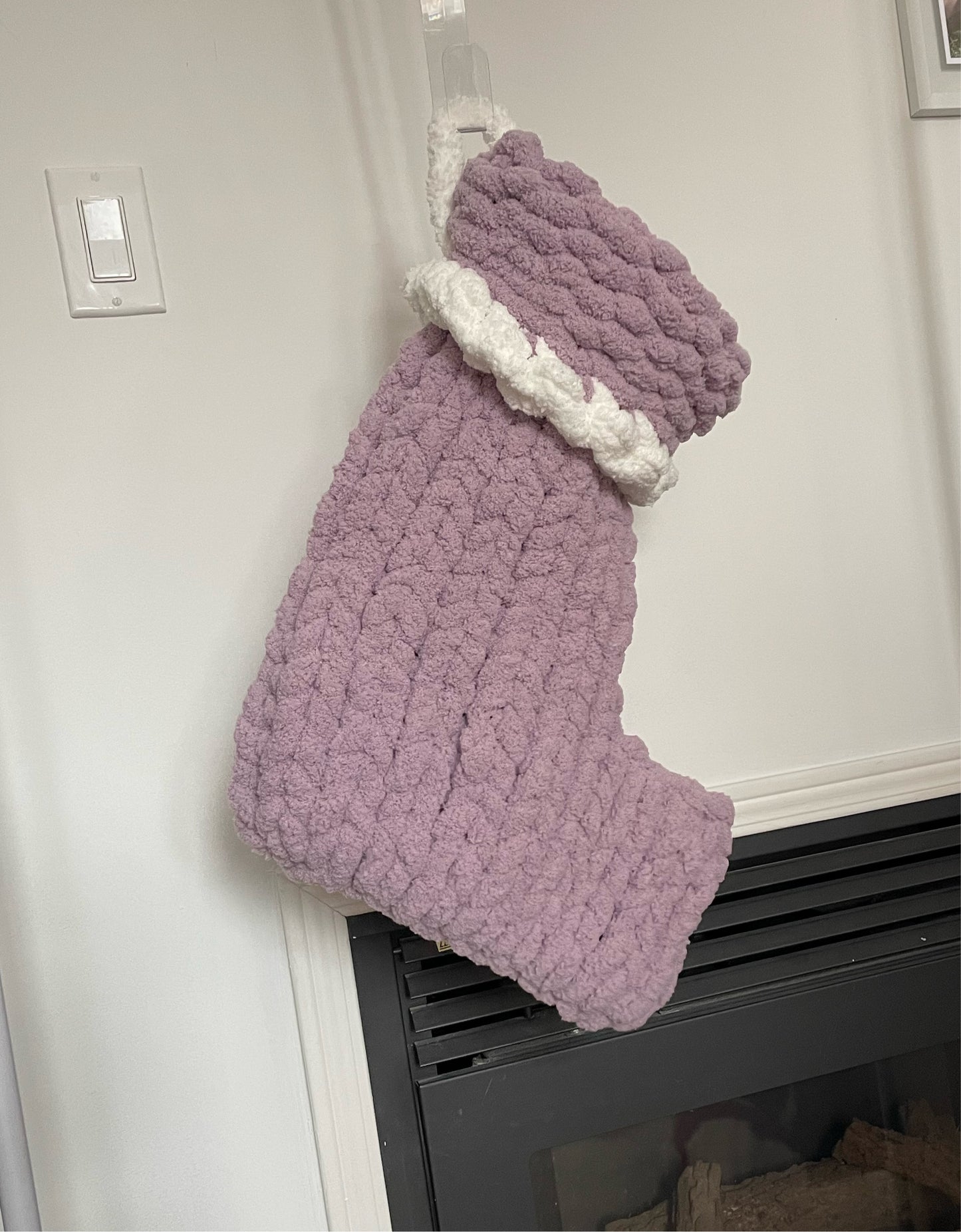 Christmas Hanknit Yarn Stocking - Lavender with White 17”