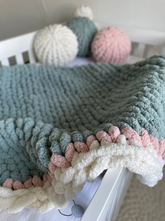 Healing Hand, Chunky Knit Baby Blankets - Mint Green With Pink Accent