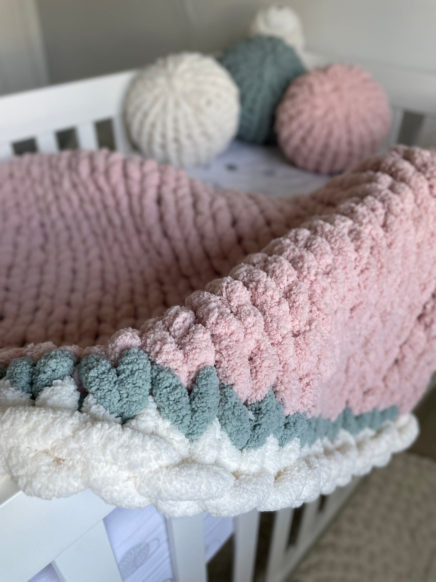 Healing Hand, Chunky Knit Baby Blankets - Soft Pink With Green Accent