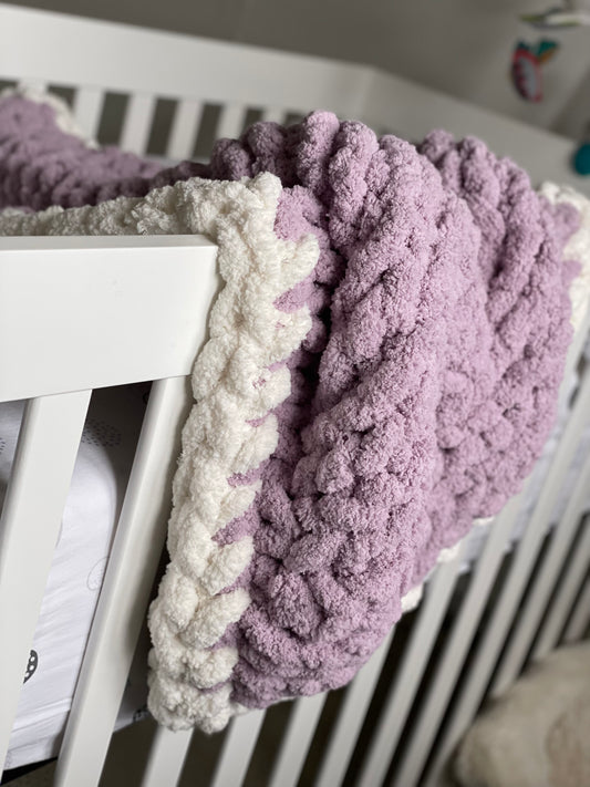 Healing Hand, Chunky Knit Baby Blankets - Lavender Purple with White Edge