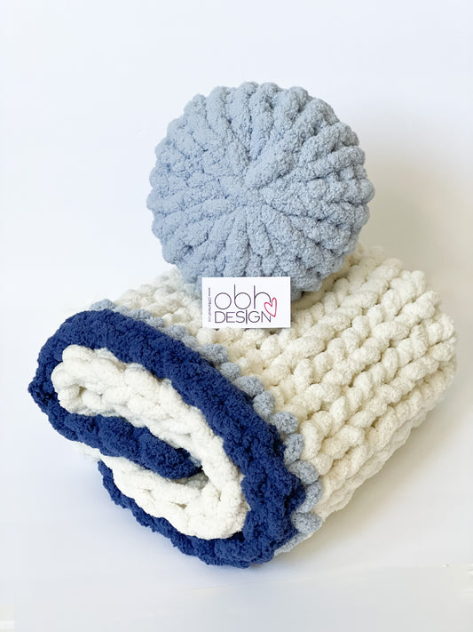 Healing Hand, Chunky Knit Baby Blankets - Royal Blue with Baby Blue Pillow Set
