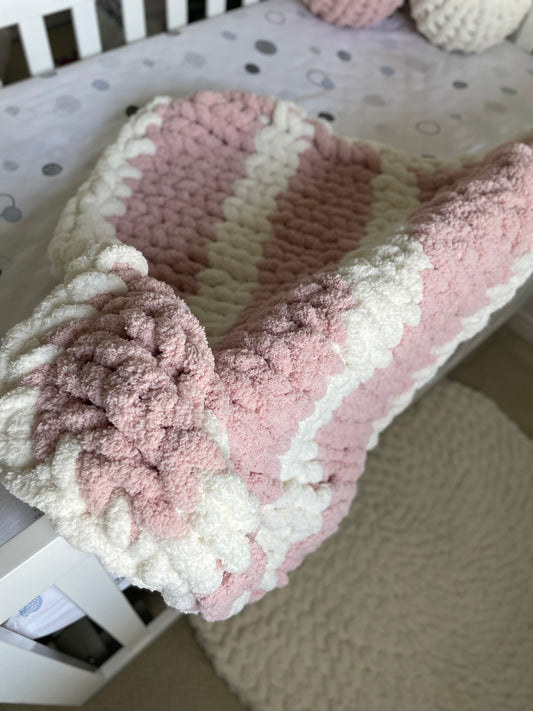 Healing Hand, Chunky Knit Baby Blankets - Soft Pink & White Stripe with a white edge