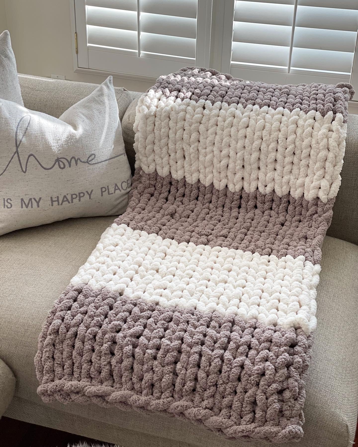 Healing Hand, Chunky Knit Blankets Taupe & White Stripe