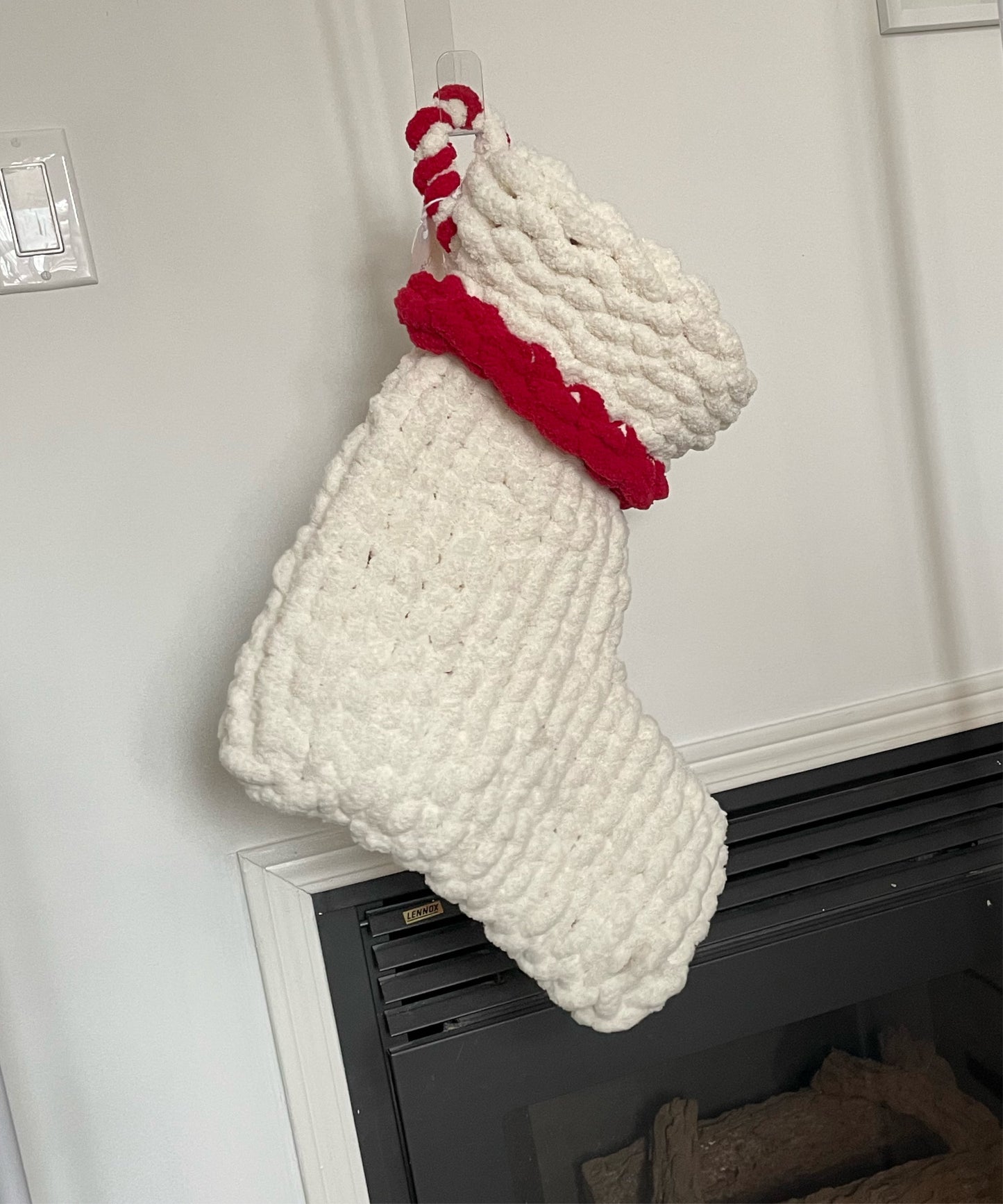 Christmas Handknit Yarn Stocking - White with Red 17”