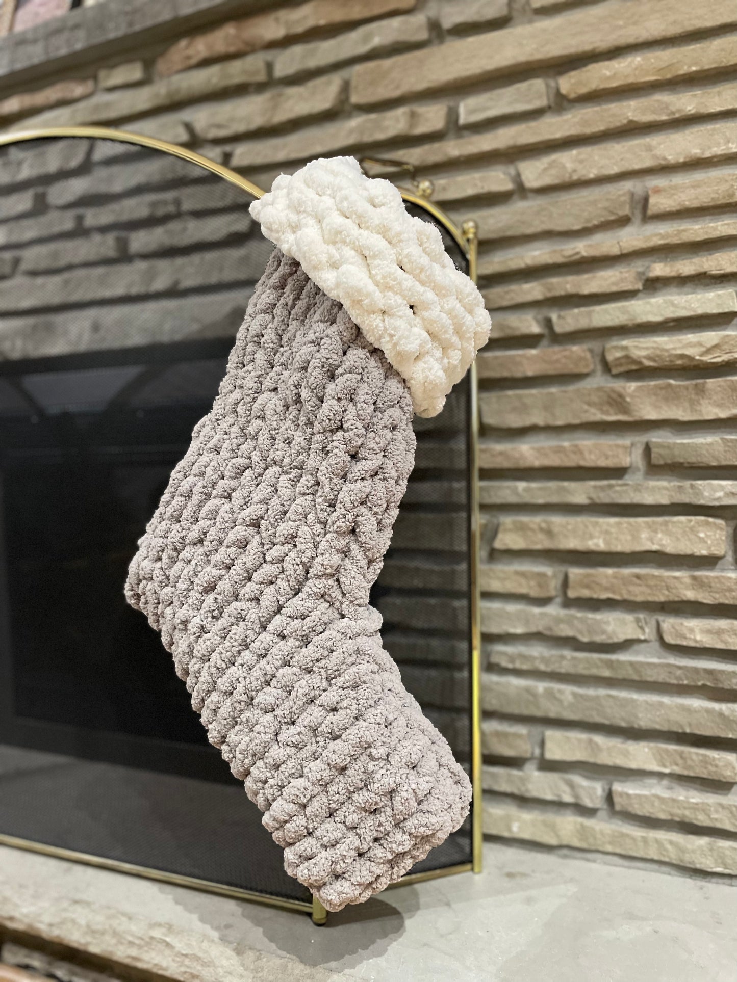 Christmas Handknit Yarn Stocking - Light Grey and white 17”
