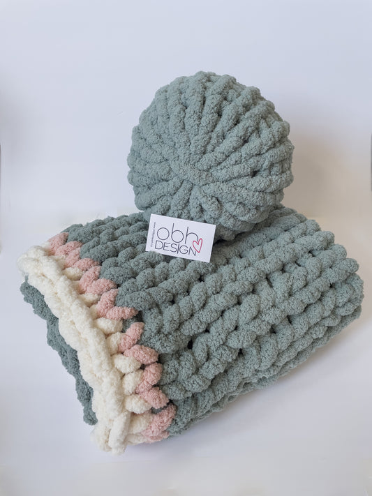 Healing Hand, Chunky Knit Baby Blankets - Mint Green with Mint Green Pillow Set