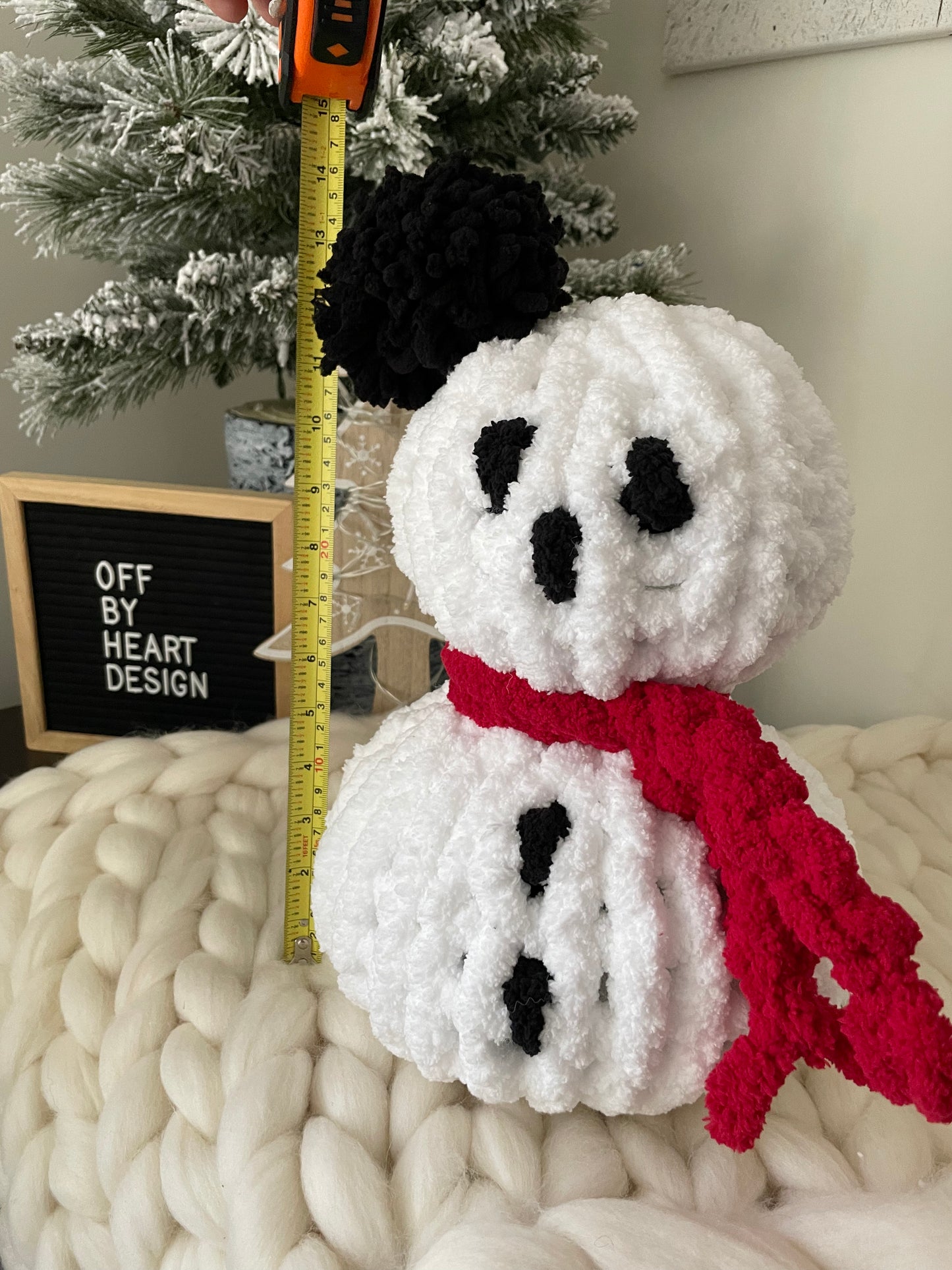 Hand Knit Christmas Snowman White with Black PomPom and Scarf