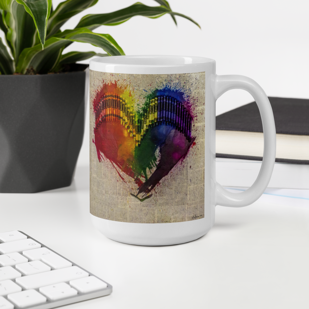 Rainbow Crayon Melt Heart on Newspaper Background Mug